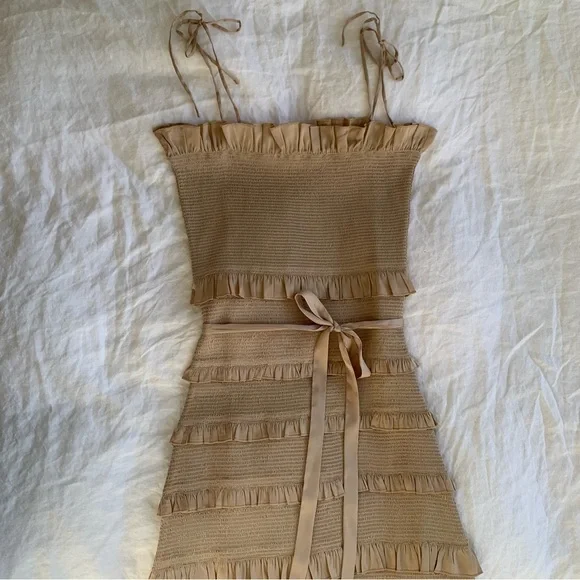 V. Chapman Lily Smocked Ruffle Tiered Fitted Midi Dress Doeskin Beige Cream Tan - Picture 3 of 7